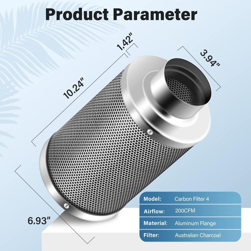 I-Power 4 Inch Air Carbon Filter, with Australia Virgin Charcoal for Inline Fan, Hydroponics, Grow Tent, Prefilter Included, Reversible Flange 4" x 12", Silver - Image 2